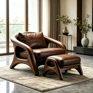 <span class=keywords><strong>Fauteuil</strong></span> en fibre de verre à cadre courbé en grain de noyer avec repose-pieds en cuir marron pour un espace de vie moderne - Product Image 3