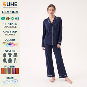 Ensemble de pyjama thermique d'été pour femme SUHE en modal et élasthanne, haut à manches longues boutonné, pantalon large avec passepoil contrastant, OEM ODM - Product Image 2