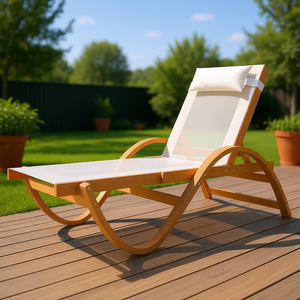 Sillón de Madera de Alerce con 4 Niveles de Ajuste, Asiento de Malla Crema, Tumbona para Exteriores, Muebles de Patio - Product Image 2