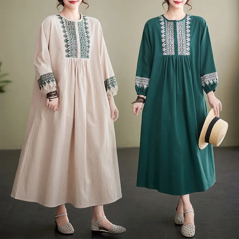 Boutique Wholesale 2023 Summer New Loose Embroidery Large Cotton Linen Dress Extra Wide Round Neck Women's Long Dress
