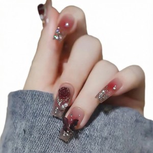 24 faux ongles avec colle gelée, motifs fleurs et papillons, longs, style ballerine française, à couverture complète, en acrylique, à presser - Product Image 6