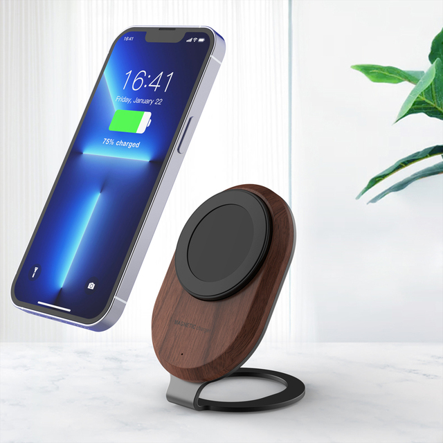 Magnetic Electric Wireless Charger with USB-C 15W Max Fast Charge QC3.0 Wooden Pad for iPhone 12 and Above
