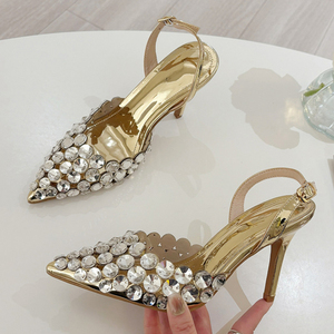 Elegant Pointed Toe Slingback Stiletto <b>Sandals</b> Crystal Diamonds Waterproof Handmade Women Pumps High Heels Summer Wedding - Product Image 2