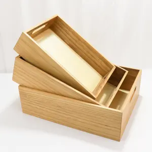 Caixas de madeira assentamento com alças Conjunto de 3 - Farmhouse Decor Recipientes De Armazenamento De Madeira/Portátil Rolling Tray Basket/Caixas