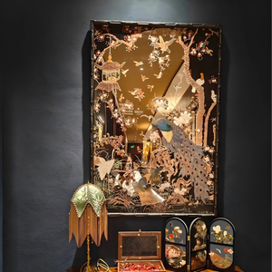 Miroir décoratif mural en bois avec cadre noir de style Art déco antique, représentant un paon divin, pour le <span class=keywords><strong>salon</strong></span> ou le bureau - Product Image 4