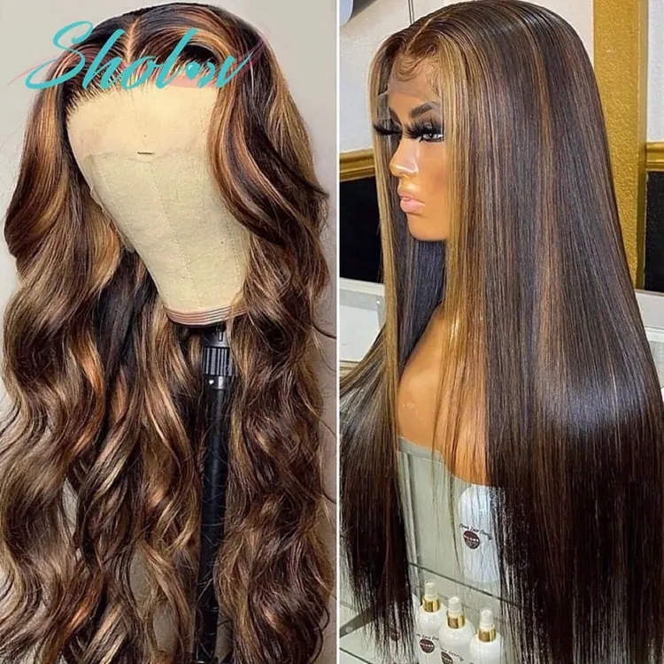 13X4 Hd Lace Front 180% Density Light Brown Highlight Wigs Cheap 100% Highlight Brown 28 Inch Human Hair Wig For Black Women