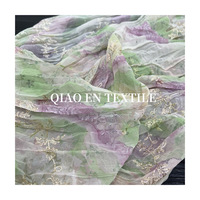 Tissu en Chiffon Froissé Imprimé Floral Vert et Violet Effet Encre, Broderie Fil Doré, Semi-Transparent Fluide, 100% Polyester, Style Rétro Hanfu