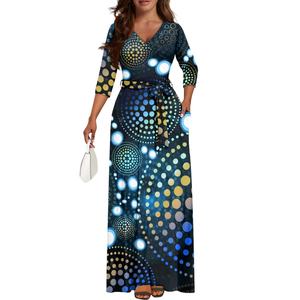 Gaun pesta malam wanita mewah elegan bergaya lukisan titik aborigin kustom Moq=1 dengan kerah V panjang, cetak sesuai permintaan - Product Image 4