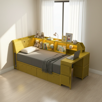 Lit Moderne Minimaliste Extensible Multifonctionnel avec Panneau de Rangement, Étagères et Tiroirs, Bureau d'Étude Compact pour Chambre à Coucher, en Métal et Bois