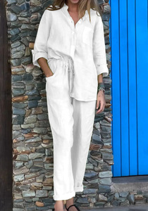 Completo da donna <span class=keywords><strong>in</strong></span> cotone e lino, 2 pezzi: camicia <span class=keywords><strong>con</strong></span> colletto alla coreana e maniche arrotolabili, <span class=keywords><strong>pantaloni</strong></span> a <span class=keywords><strong>vita</strong></span> elasticizzata, vestibilità ampia, all'ingrosso, casual estivo - Product Image 5