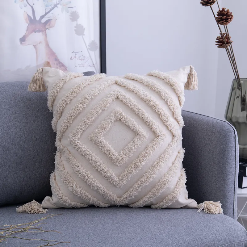 Mulan Nordic Modern Geometric Design Home Decoration Pillows 100% Cotton Canvas Boho Tufted Cushion Cover 18X18 inch