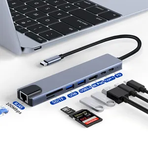 Adaptador USB C portátil 8 em 1 Pd 87 W Estação de acoplamento com leitor de cartão de múltiplas portas Tipo C para Lan Adaptador Hub USB para Laptop
