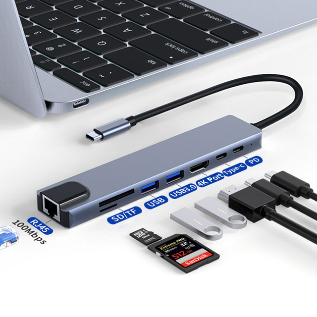 8 in 1 Portable Usb C Adapter Pd 87W Docking Station With Multiple Ports Card Reader Type C to Lan Adapter Usb Hub for Laptop