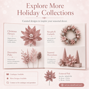 Couronne de Noël en gros, décorations de sapin, fleurs artificielles de poinsettia roses floquées avec bordure enneigée - Product Image 6