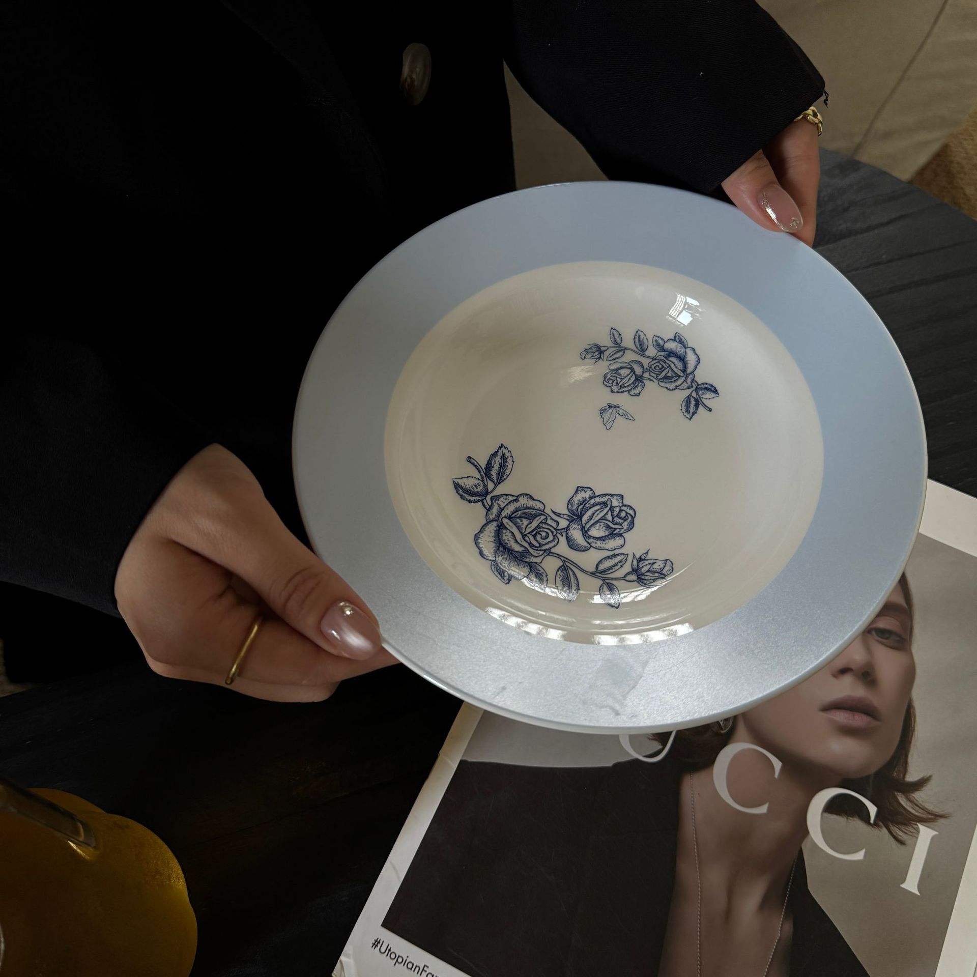 Summer milk blue flower soup plate, 8 inches