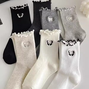 Women's Ruffled Slouch <b>Socks</b> Bow Pattern Mid-Calf Breathable Sweat-Absorbing Polyester Fiber Casual <b>Socks</b> For Youth - Product Image 1