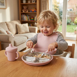 Vajilla Infantil Apta <span class=keywords><strong>para</strong></span> Lavavajillas, <span class=keywords><strong>Plato</strong></span> de Acero Inoxidable 304 <span class=keywords><strong>con</strong></span> Mangas de Silicona Extraíbles y <span class=keywords><strong>Ventosa</strong></span> - Product Image 5