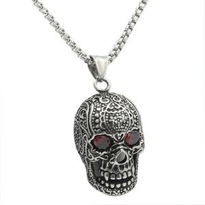 Yunnique-collar con colgante de calavera de acero inoxidable para hombre, estilo Punk Retro con ojos rojos, diseño geométrico 280527 - Product Image 5