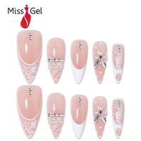 32 pièces de faux ongles longs en ABS souple, couleur pêche laiteuse nude, faits à la main, avec nœuds, perles et strass, pour manucure des doigts