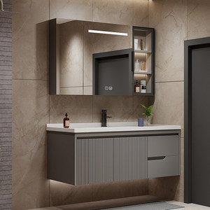 Modern Oak Lacquered Ceramic Integrated Basin Smart <b>Lighting</b> Mirror Wall-Mounted Bathroom <b>Vanity</b> - Product Image 4