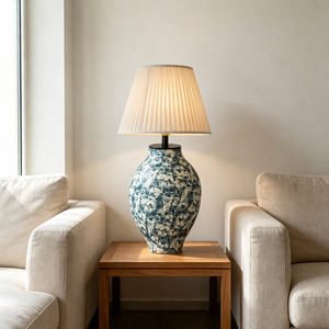 Lampada da Tavolo in Ceramica Blu Floreale Vintage, Lampada in Stile Cinese con <span class=keywords><strong>Paralume</strong></span> in Tessuto Plissettato per Arredamento Casa e Camera da Letto - Product Image 5