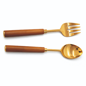 Juego de Servidores de Ensalada Clásicos Dorados, Cuchara y Tenedor de Acero Inoxidable, Mango de Madera de Acacia Hecho a Mano, Utensilios Modernos de Lujo - Product Image 2