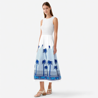 Robe midi pour femme, sans manches, col rond, corsage smocké, imprimé palmiers blancs et bleus, coupe évasée, imprimé bordure, personnalisable, vente en gros
