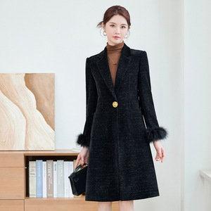 Black Mid Length Corduroy Coat With Pocket Women's Winter Warm Outerwear - Product Image 1