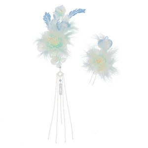 Nouvelle coiffure Hanfu de style Tang faite à la main, design original 2025, avec ornement capillaire en plumes de paon cyan - Product Image 5