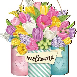 New cross-border <b>spring</b> wooden flower hanging tag for front door, home use, farmhouse, wall, porch <b>decoration</b>, craft pendant - Product Image 5