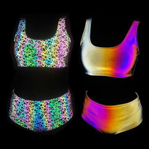 Moda alta <span class=keywords><strong>vis</strong></span> iridiscente Arco Iris impreso noche Fiesta Club Pole Dance Festival traje desgaste bikini traje conjunto ropa - Product Image 5