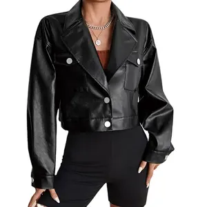 New Custom Black Loose Long Sleeved V Neck Short Fashion Faux Women's Leather Jacket