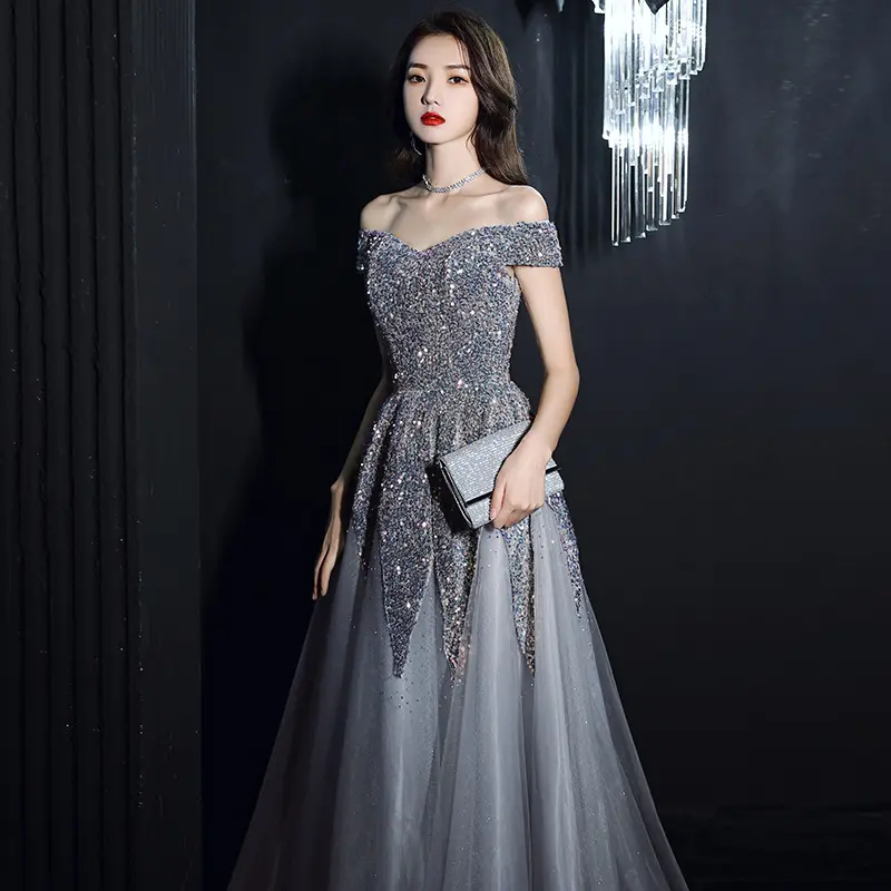 Heavy industry evening dress female 2022 new banquet temperament celebrity sequins one-shoulder long dress annual meeting dress