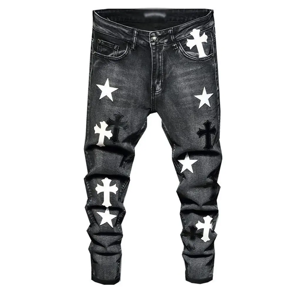 Celana jeans denim pria, celana denim gaya jalanan kustom ramping, pas di badan, celana bordir cross star
