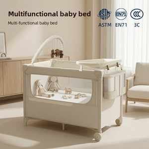 Portable Baby Crib Adjustable Playpen Foldable Cradle Iron Frame Toddler <b>Cot</b> with Wheels for Nursery Travel - Product Image 2