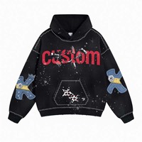 Sweat à capuche unisexe tendance, style streetwear, coupe ample et oversize, effet peinture éclaboussée, bords bruts, délavage vintage, effet usé