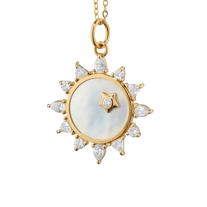 Joyería de moda de 925 de plata de ley, collar de amuleto de Sol de felicidad de diamantes de perla
