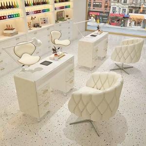 Juego de mesa y silla de salón de uñas de alta gama en color crema con tablero de mármol y enchufe para aspiradora integrado. - Product Image 4
