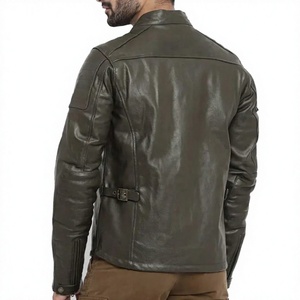 Chaqueta de moto térmica de cuero genuino para hombre, cuello mandarín, cierre de cremallera, ajuste slim, informal de invierno, con logo frontal - Product Image 3