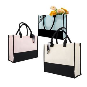Reusable <b>Black</b> White <b>Canvas</b> <b>Tote</b> <b>Bag</b> with Striped Ribbon Custom Logo for Gift Shopping Promotion - Product Image 4
