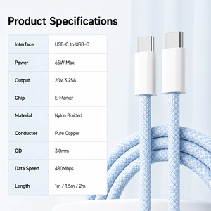 Cavo <span class=keywords><strong>USB</strong></span> <span class=keywords><strong>C</strong></span> a <span class=keywords><strong>USB</strong></span> <span class=keywords><strong>C</strong></span> in Nylon Intrecciato con Logo Personalizzato, Ricarica Rapida PD3.0 65W, Vendita all'Ingrosso per Telefoni Cellulari - Product Image 3