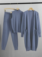 Ensemble trois pièces décontracté en maille pour femme, collection automne-hiver 2026 : cardigan, sous-vêtement et pantalon, motif uni, taille unique