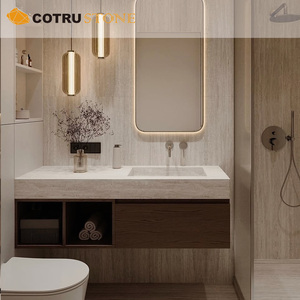 Vasque en travertin naturel, meuble-lavabo flottant en <span class=keywords><strong>marbre</strong></span> <span class=keywords><strong>beige</strong></span> avec tiroir en bois pour <span class=keywords><strong>salle</strong></span> <span class=keywords><strong>de</strong></span> <span class=keywords><strong>bain</strong></span> <span class=keywords><strong>de</strong></span> villa ou d'hôtel - Product Image 2