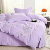 Offre Spéciale Déstockage – Parure de Lit Quatre Pièces en Coton Lavé Brodé Doux pour la Peau – Draps et Couvre-lit Couleur Unie 200TC pour la Maison