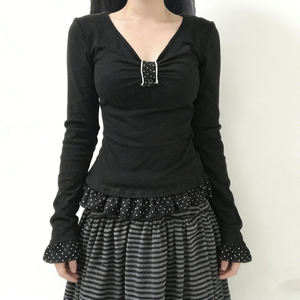 Korean Style Sweet Polka Dot <b>V</b> <b>Neck</b> <b>T</b> <b>Shirt</b> for <b>Women</b>, Ruffle Trim Patchwork Ruched Button Design, Cute Casual <b>Women</b> Top - Product Image 1
