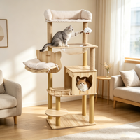 Arbre à chat multi-niveaux - Structure d'escalade pour chat avec poteaux en bois intégrés et cabane, étagère capsule spatiale