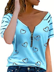Camiseta de manga corta informal transpirable con cuello en V para mujer, tela tejida comprimida antibolitas holgada con cremallera conveniente - Product Image 5