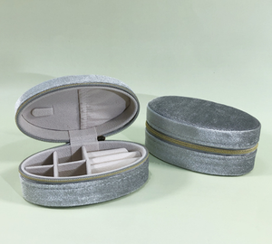 <b>silver</b> gray velvet fabric wrapped box gold zipper closure multi compartment velvet lining oval portable shape neat edge - Product Image 1
