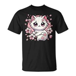 Camiseta con estampado de flores de cerezo y gatos Kawaii para niñas, manga corta, cuello redondo, impresión digital, para niños y niñas - Product Image 1
