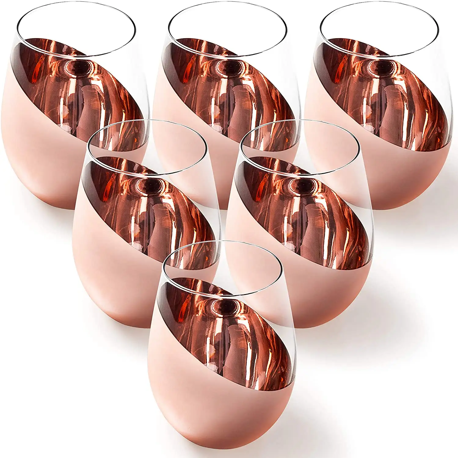 Copper Accent Stemless Wine Glass Set, Red Wine Glasses Set of 6